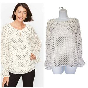Talbots Gathered Sleeve Dots Blouse Top Size Small Beige& Black Dots Long Sleeve